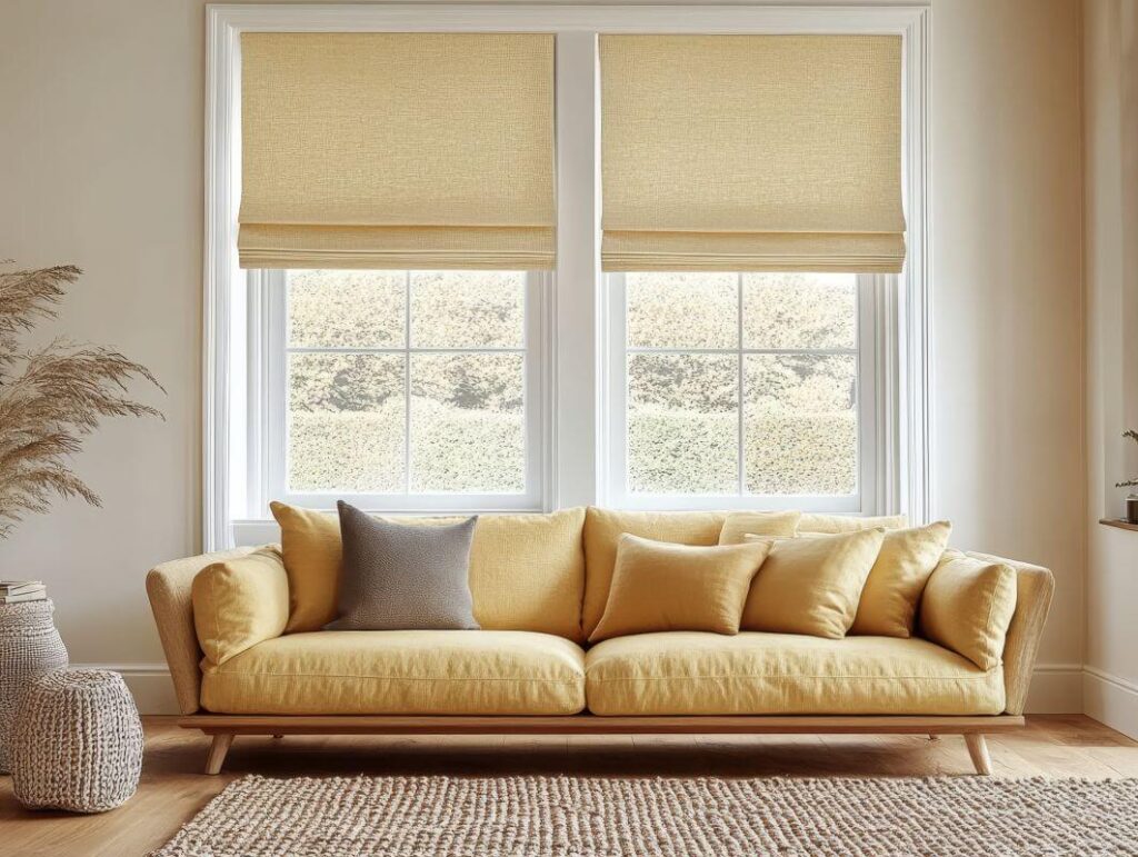 W jasnym salonie znajduje się żółta sofa, a na oknach wiszą beżowe rolety materiałowe.