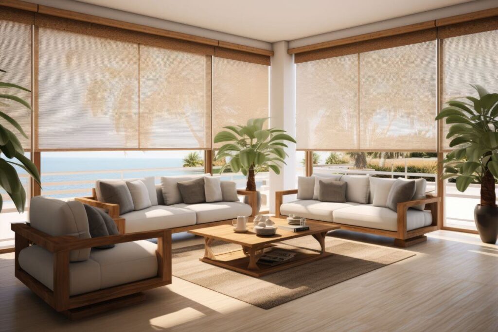 Przytulny salon z widokiem na morze, wyposażony w eleganckie rolety wewnętrzne.