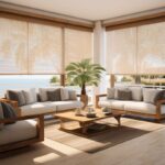 Przytulny salon z widokiem na morze, wyposażony w eleganckie rolety wewnętrzne.