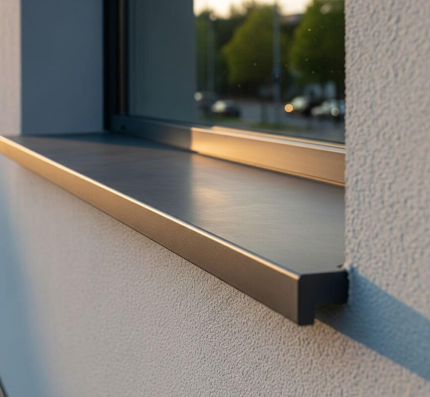 Parapety zewnętrzne dopasowuje się do ram okien PVC/aluminium/drewno lub dachu; stal powlekana, aluminium, granit, wysięg 3–5 cm, kapinos.